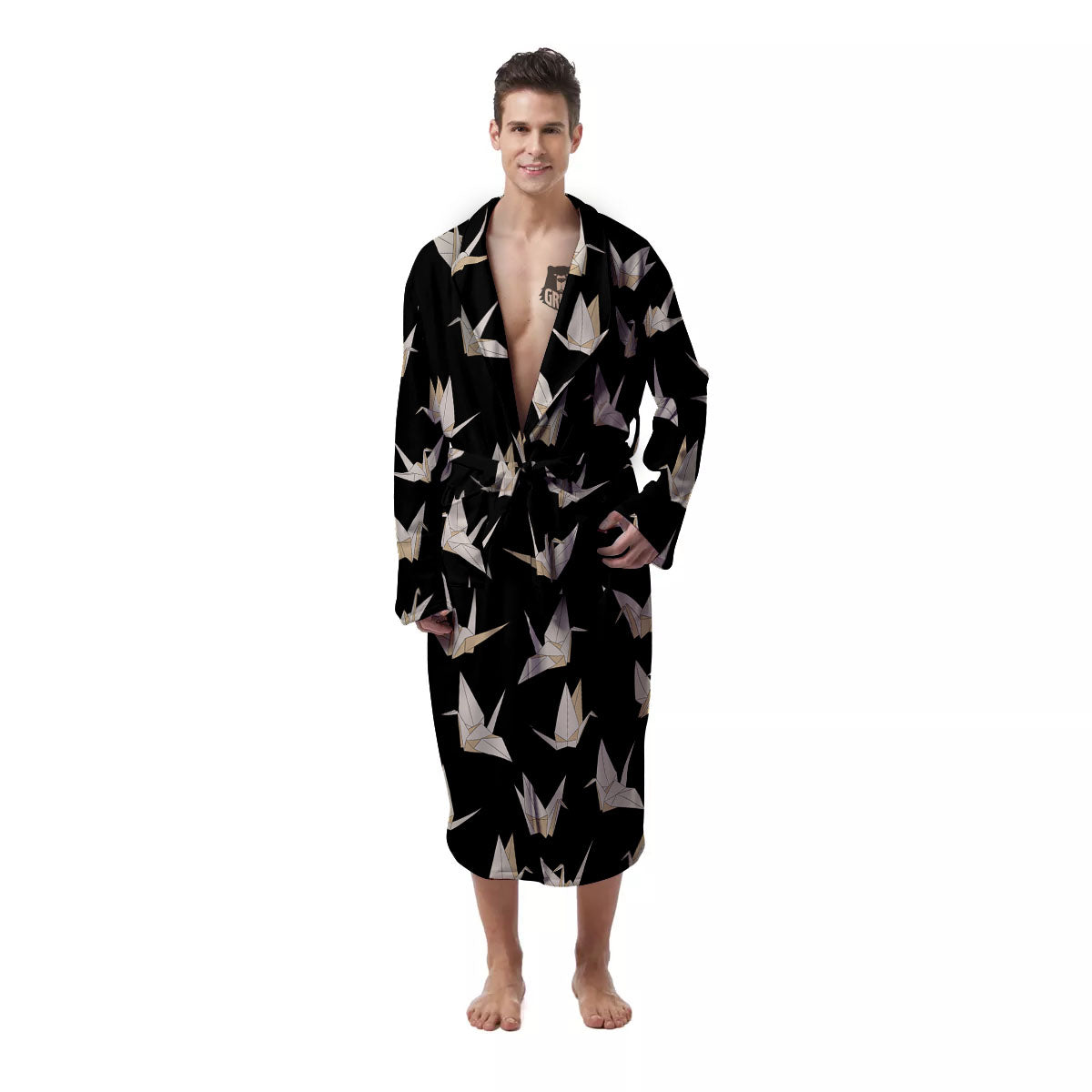 Origami White And Black Print Pattern Men's Robe-grizzshop