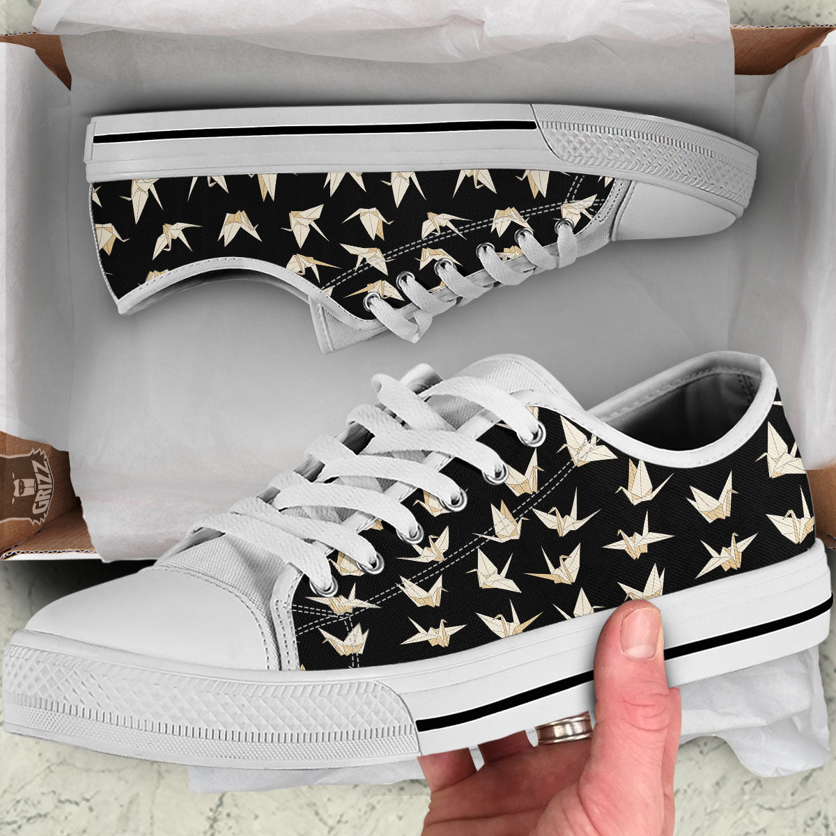 Origami White And Black Print Pattern White Low Top Shoes-grizzshop