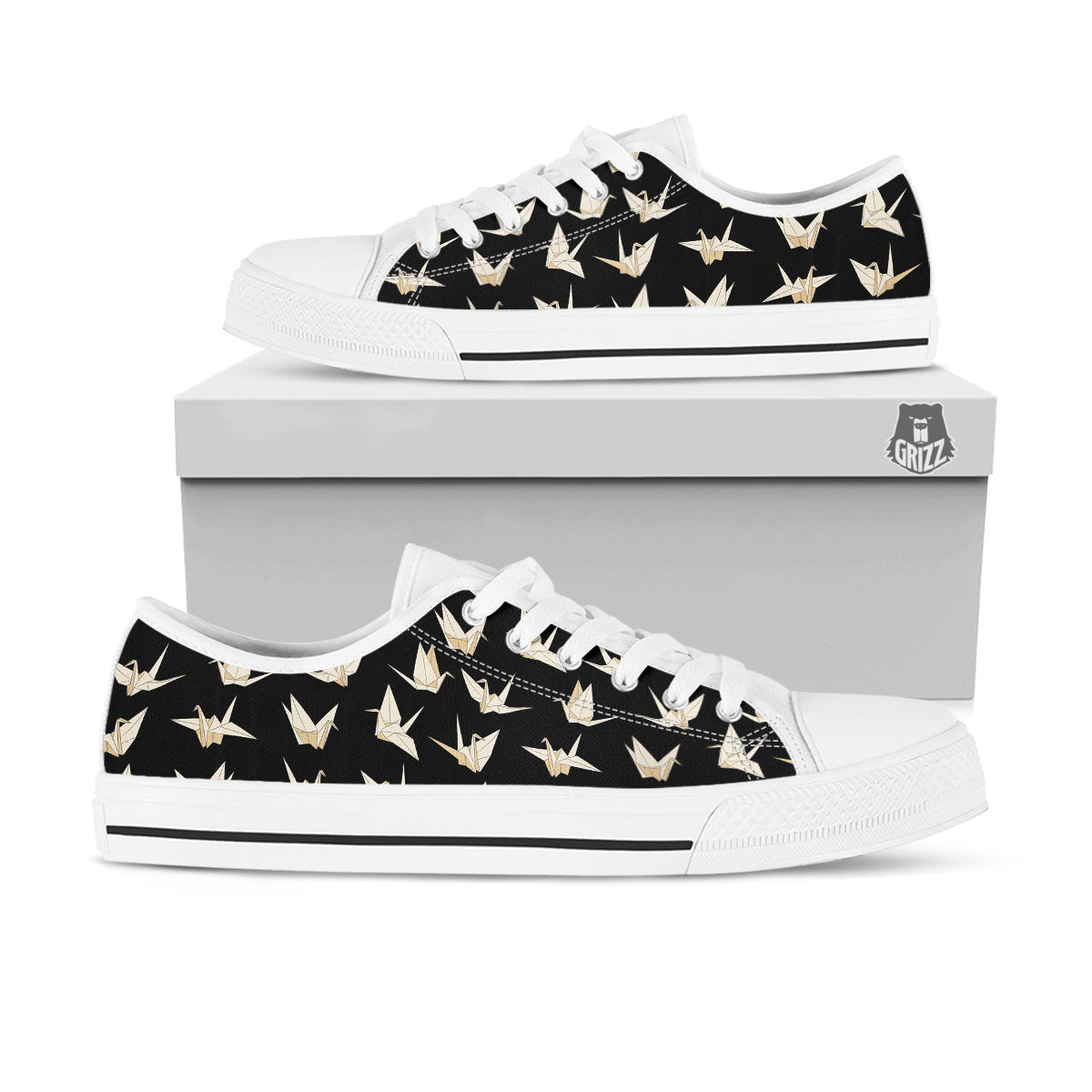 Origami White And Black Print Pattern White Low Top Shoes-grizzshop