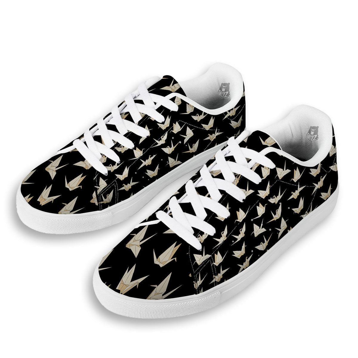 Origami White And Black Print Pattern White Low Top Sneakers-grizzshop