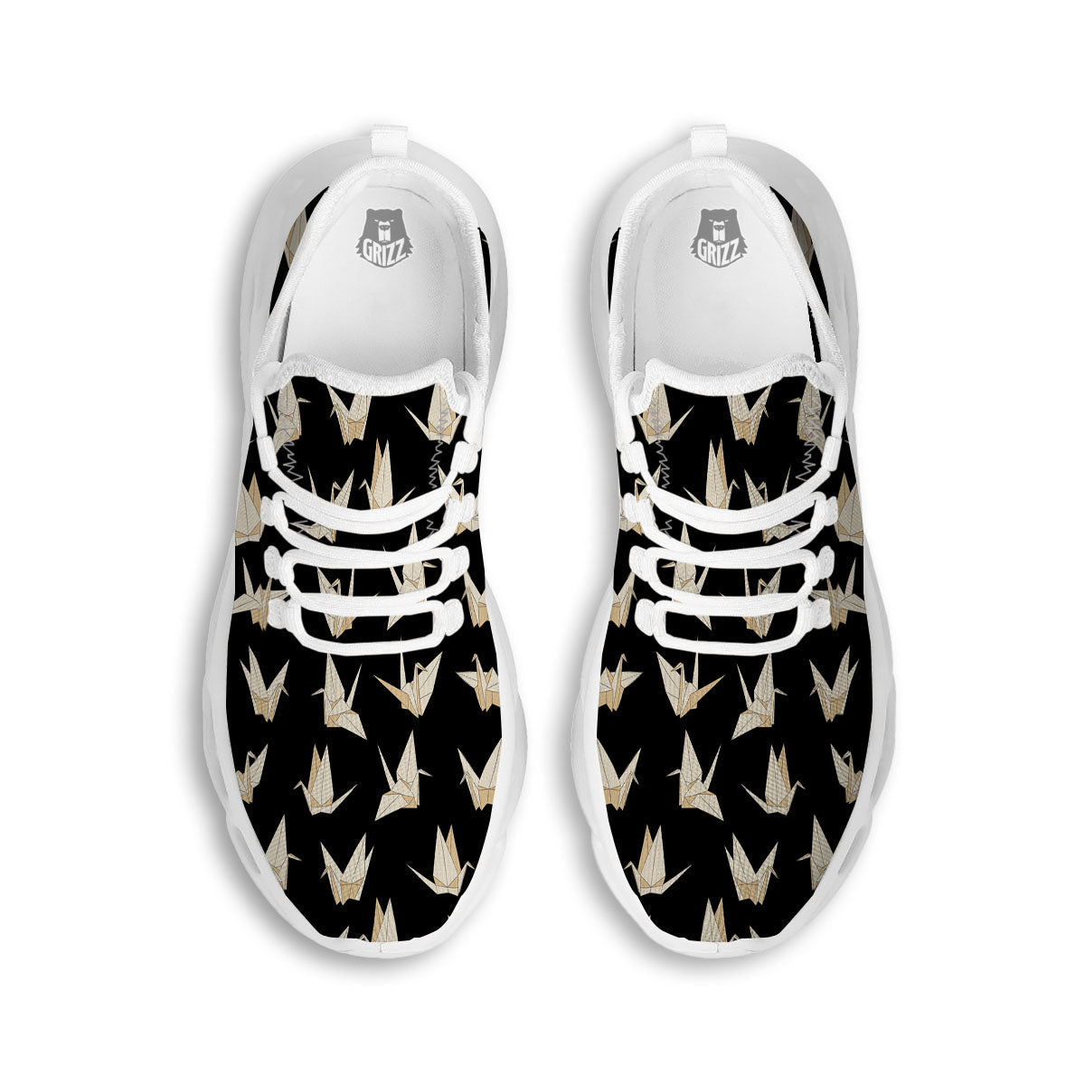 Origami White And Black Print Pattern White Running Shoes-grizzshop