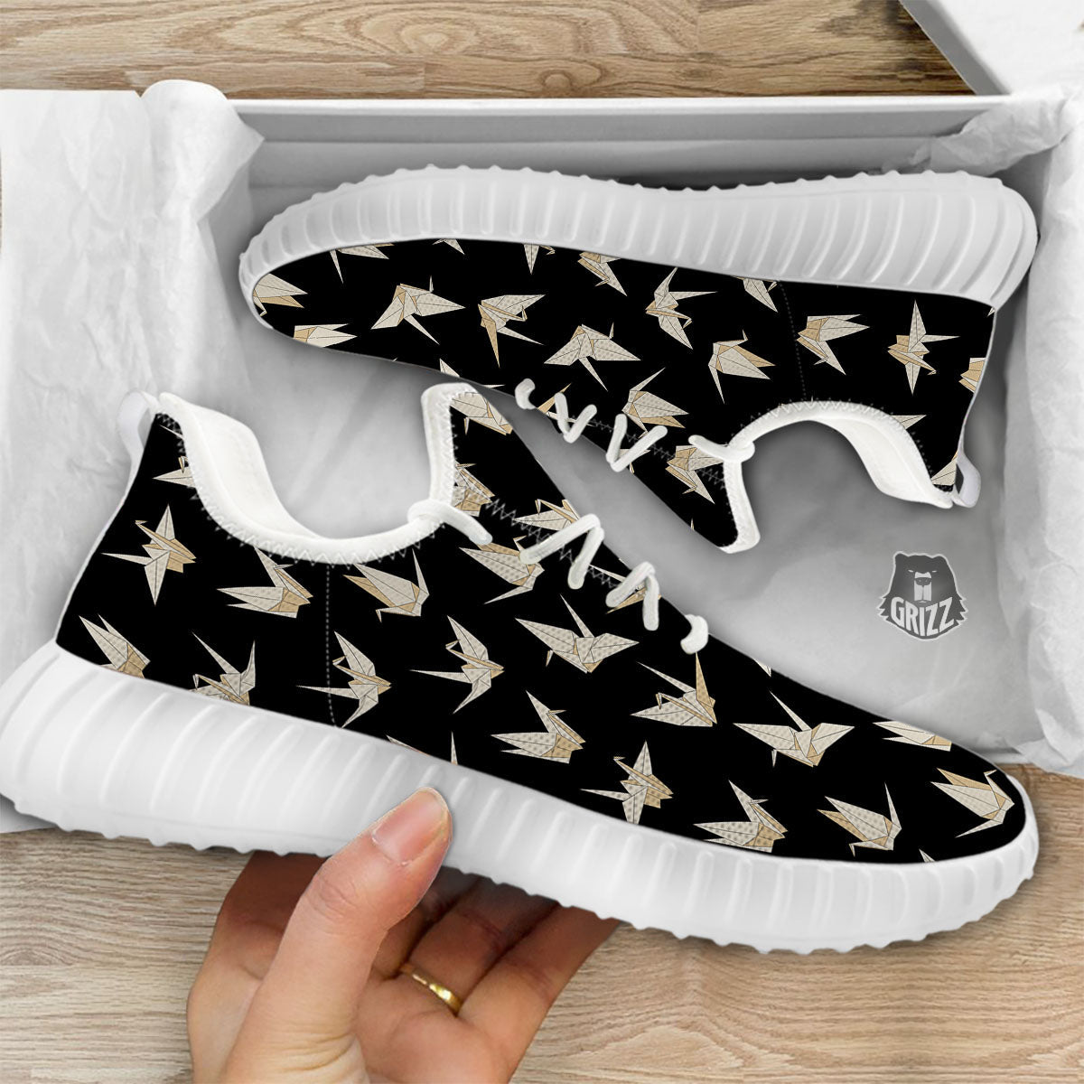 Origami White And Black Print Pattern White Walking Shoes-grizzshop