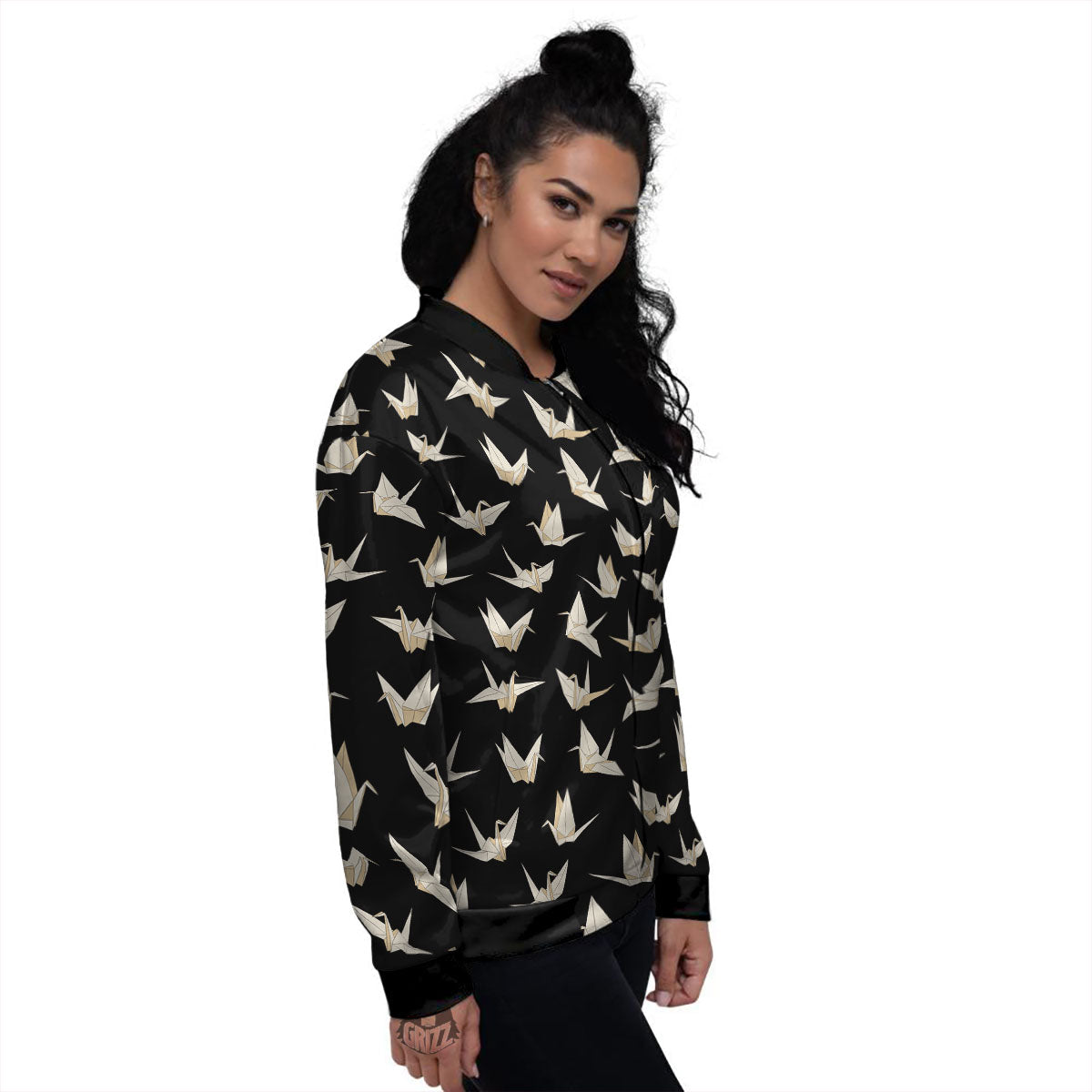 Origami White And Black Print Pattern Women's Bomber Jacket-grizzshop