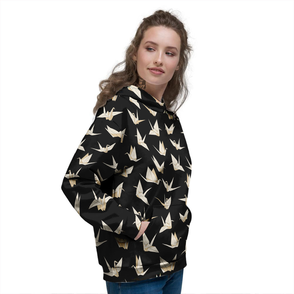 Origami White And Black Print Pattern Women's Hoodie-grizzshop