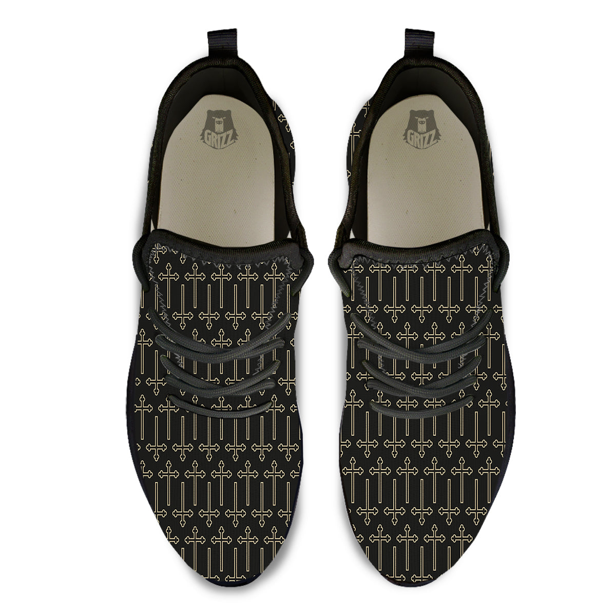 Orthodox Beige And Black Print Pattern Black Athletic Shoes-grizzshop