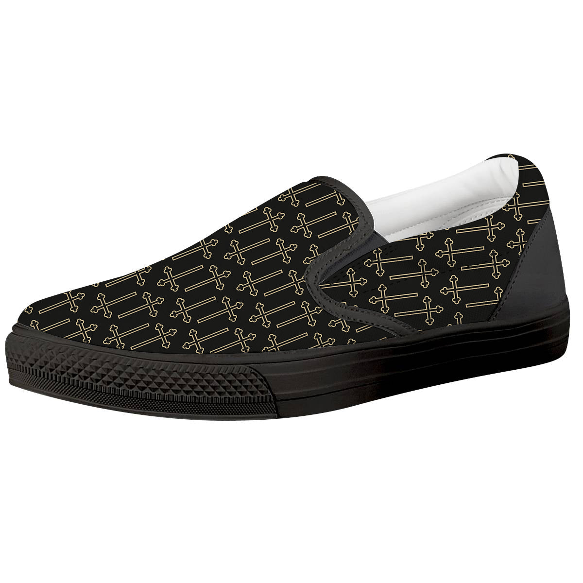 Orthodox Beige And Black Print Pattern Black Slip On Shoes-grizzshop