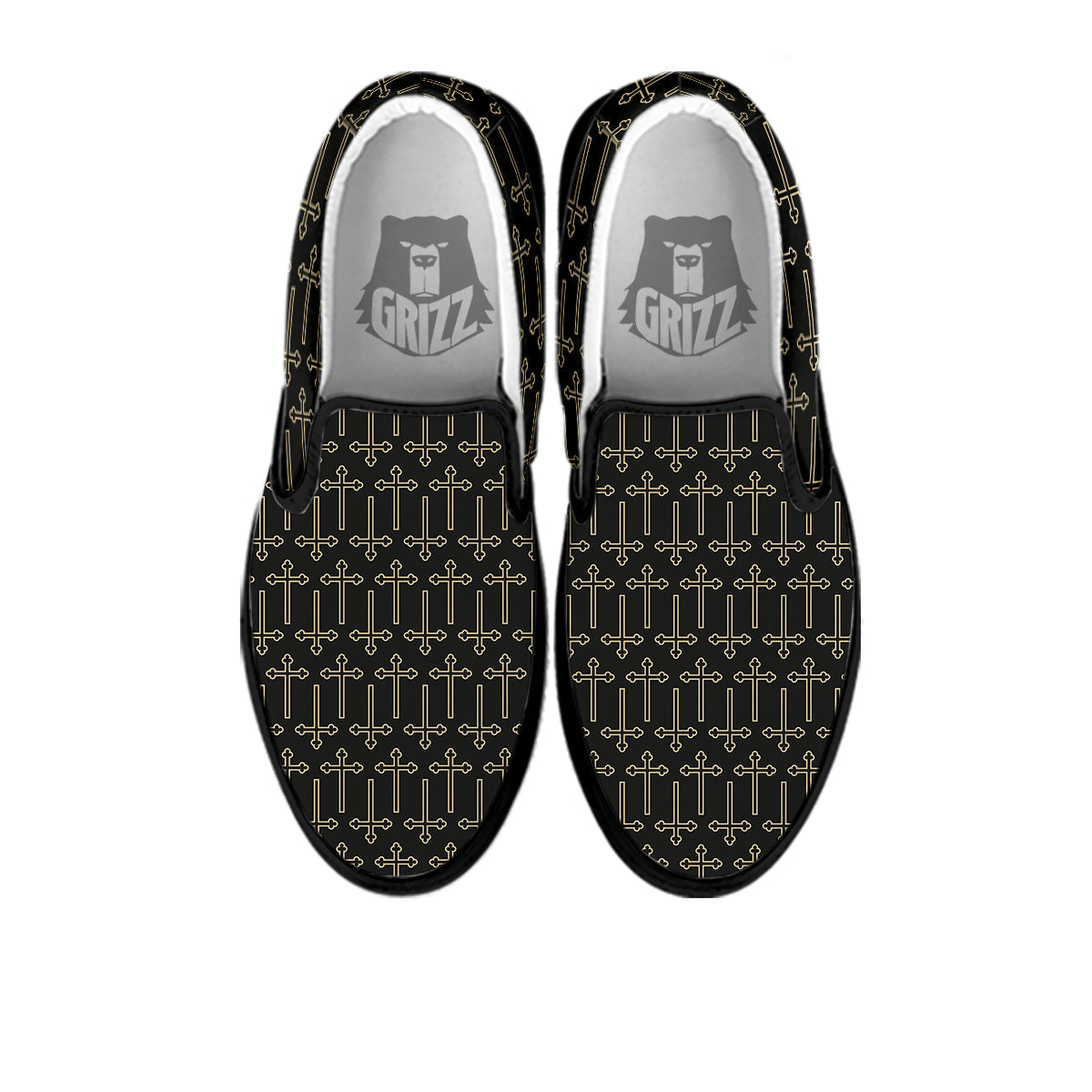Orthodox Beige And Black Print Pattern Black Slip On Shoes-grizzshop