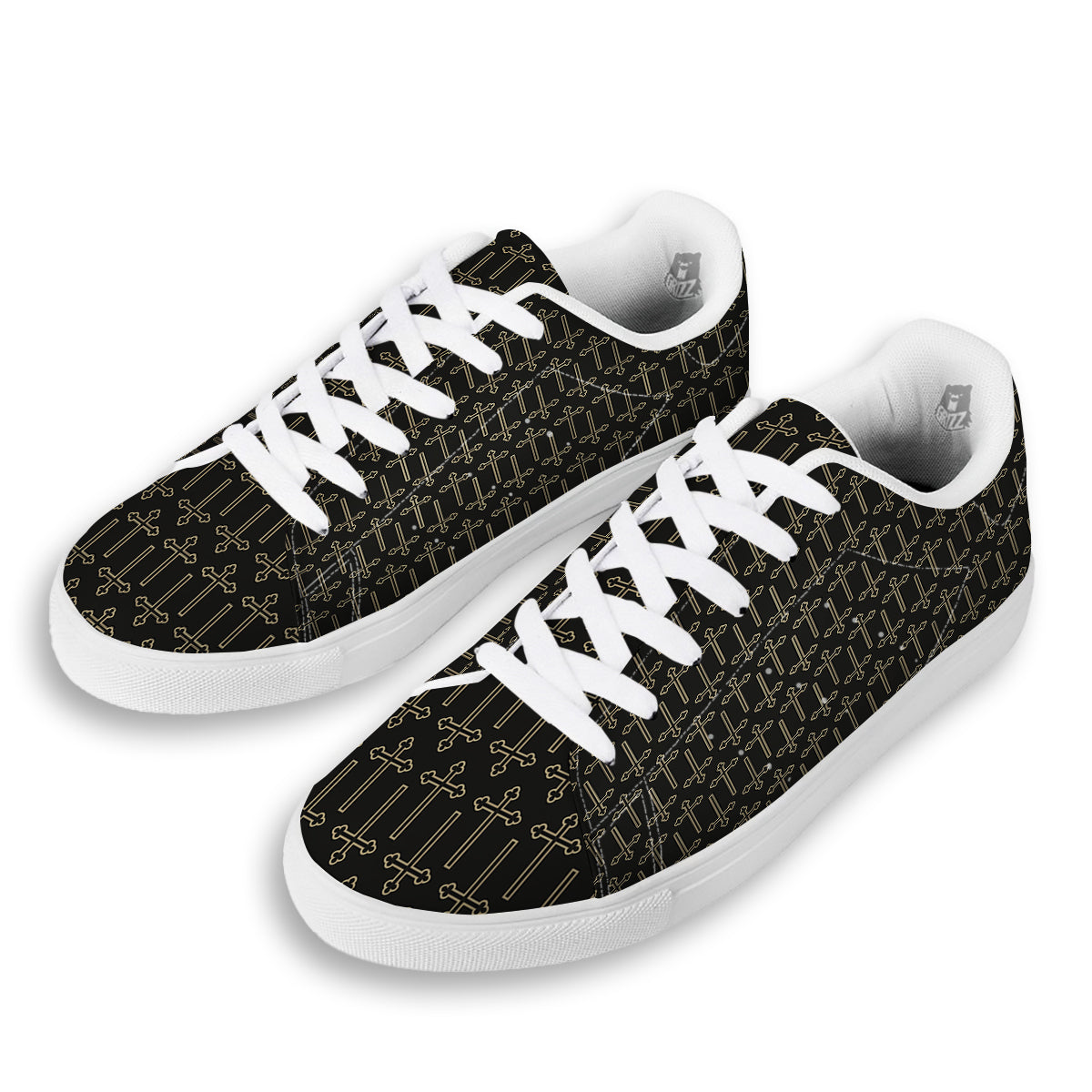 Orthodox Beige And Black Print Pattern White Low Top Sneakers-grizzshop