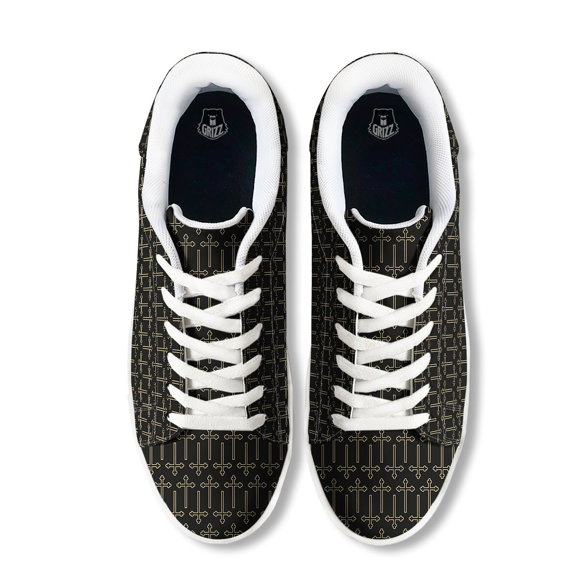 Orthodox Beige And Black Print Pattern White Low Top Sneakers-grizzshop