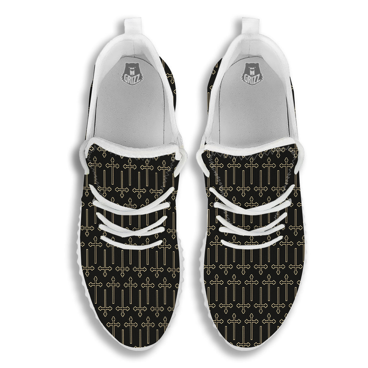 Orthodox Beige And Black Print Pattern White Walking Shoes-grizzshop