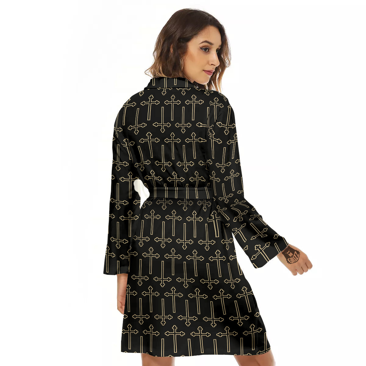 Orthodox Beige And Black Print Pattern Women's Robe-grizzshop