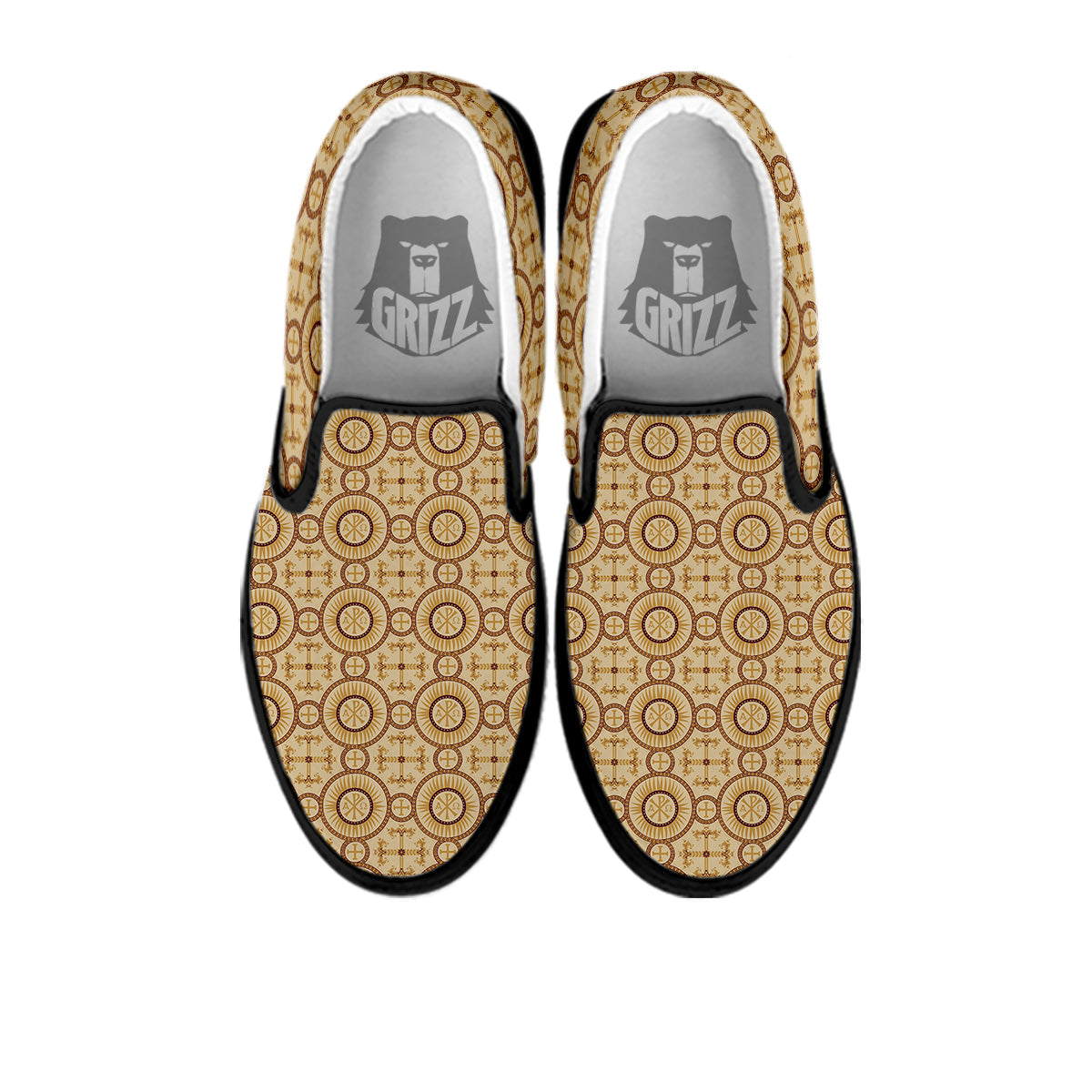 Orthodox Black And Beige Print Pattern Black Slip On Shoes-grizzshop