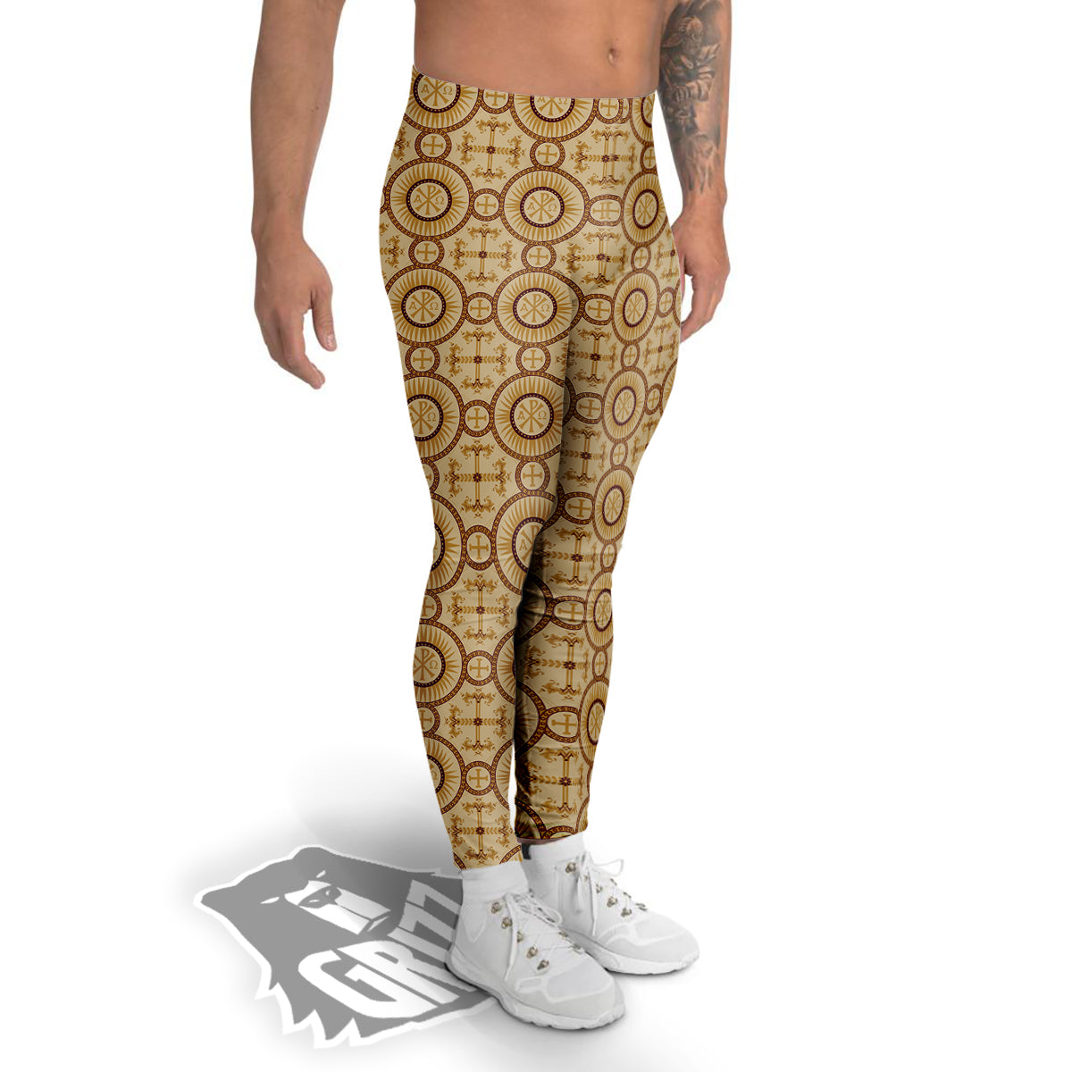 Orthodox Black And Beige Print Pattern Men's Leggings-grizzshop