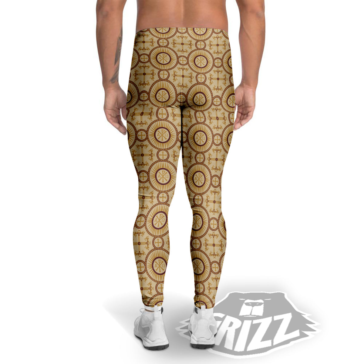 Orthodox Black And Beige Print Pattern Men's Leggings-grizzshop