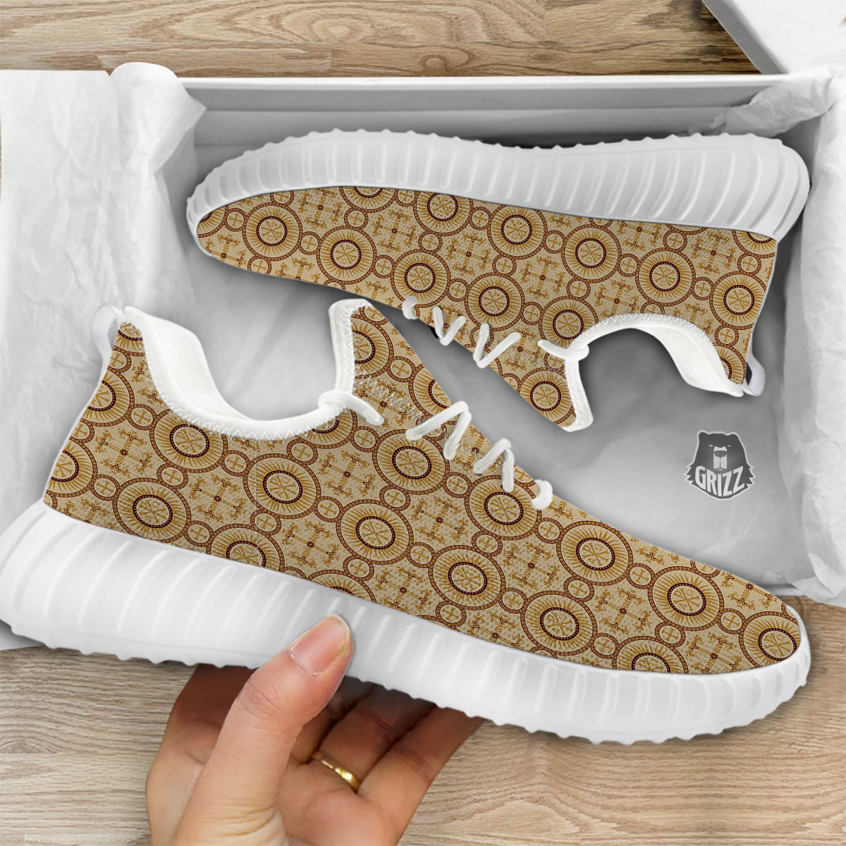 Orthodox Black And Beige Print Pattern White Walking Shoes-grizzshop