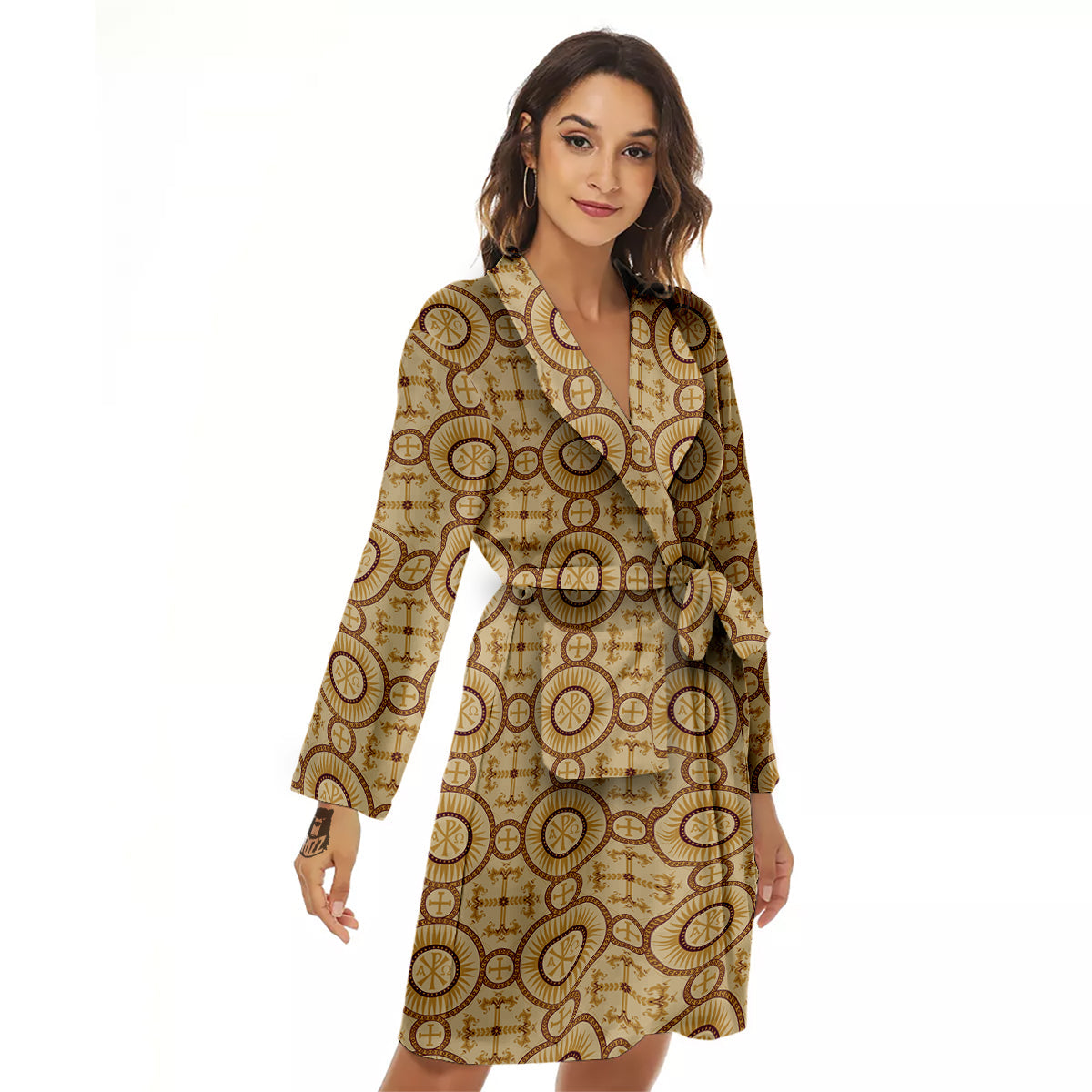 Orthodox Black And Beige Print Pattern Women's Robe-grizzshop