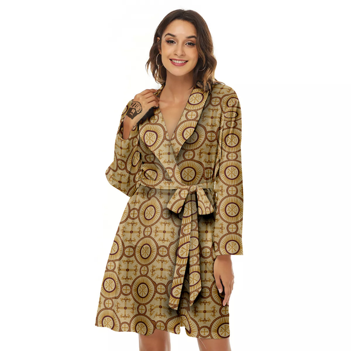 Orthodox Black And Beige Print Pattern Women's Robe-grizzshop