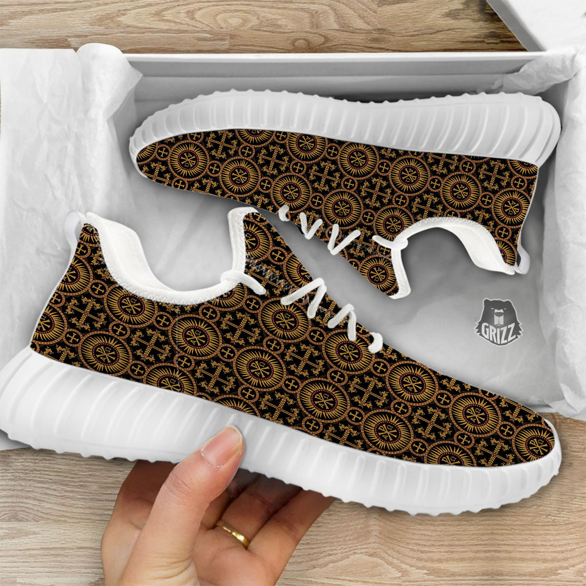 Orthodox Black And Gold Print Pattern White Walking Shoes-grizzshop