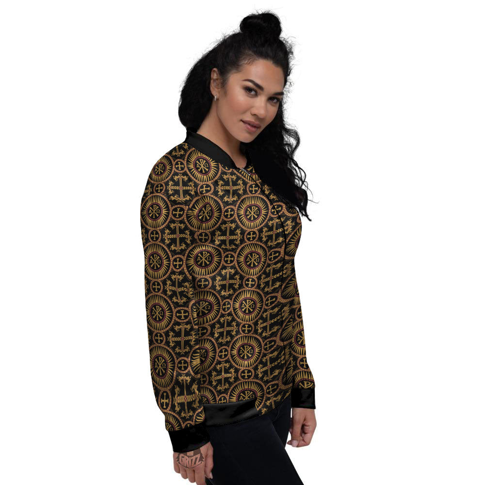 Orthodox Black And Gold Print Pattern Women's Bomber Jacket-grizzshop