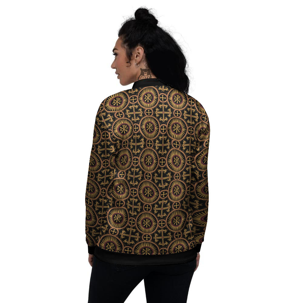 Orthodox Black And Gold Print Pattern Women's Bomber Jacket-grizzshop