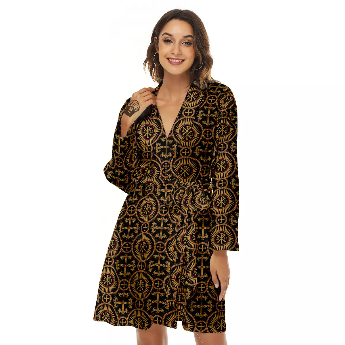 Orthodox Black And Gold Print Pattern Women's Robe-grizzshop