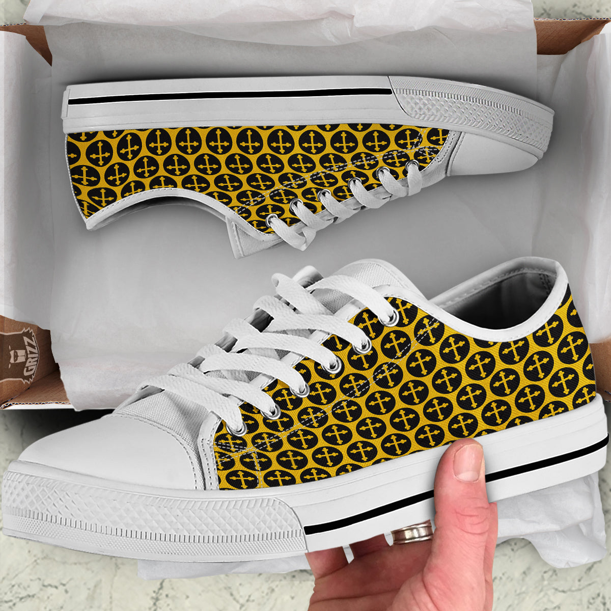 Orthodox Gold And Black Print Pattern White Low Top Shoes-grizzshop