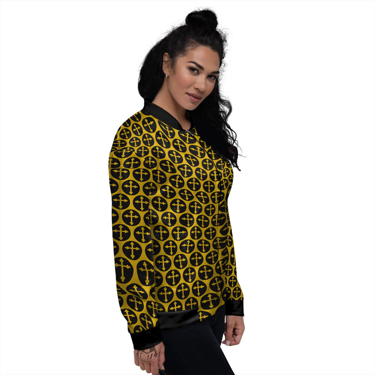 Orthodox Gold And Black Print Pattern Women's Bomber Jacket-grizzshop