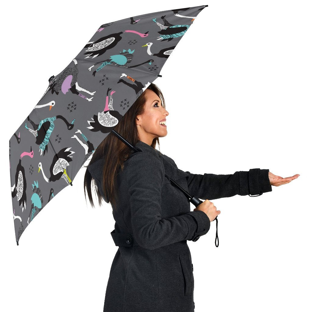 Ostrich Pattern Print Automatic Foldable Umbrella-grizzshop