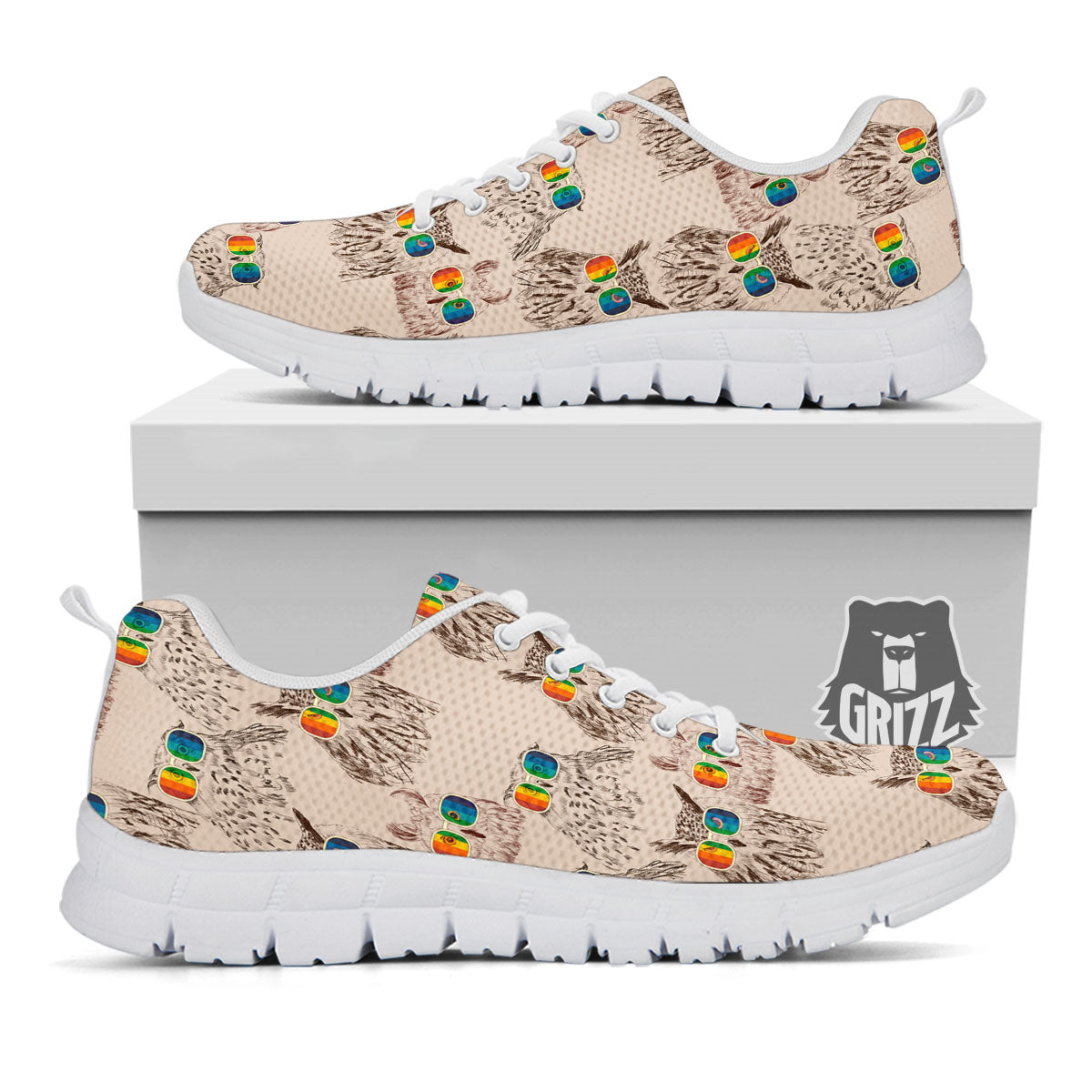 Owl Glasses Print Pattern White Sneaker-grizzshop