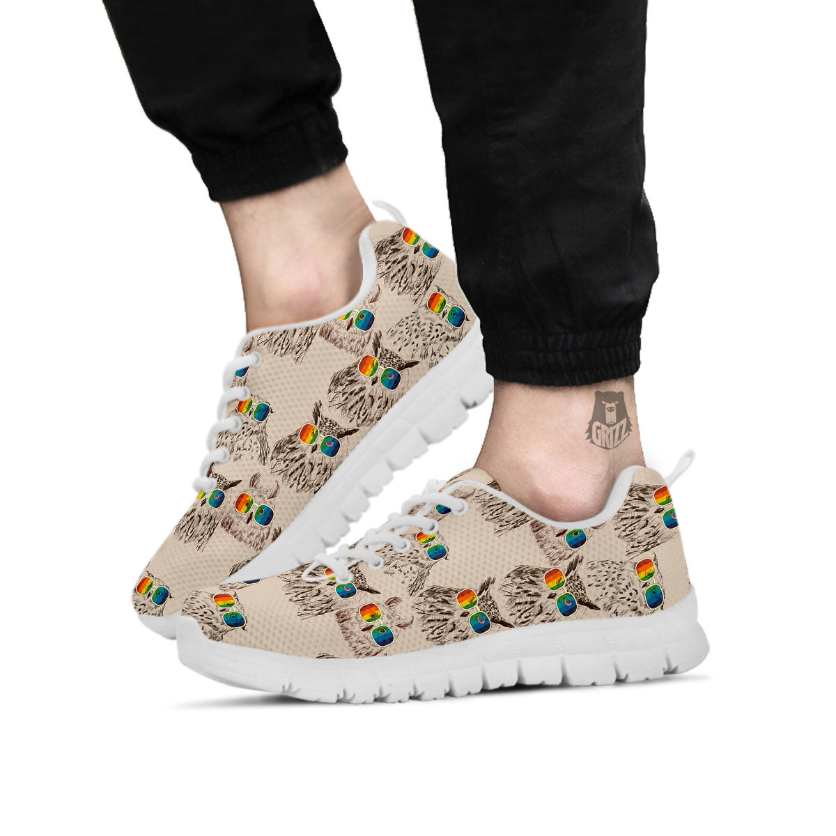 Owl Glasses Print Pattern White Sneaker-grizzshop