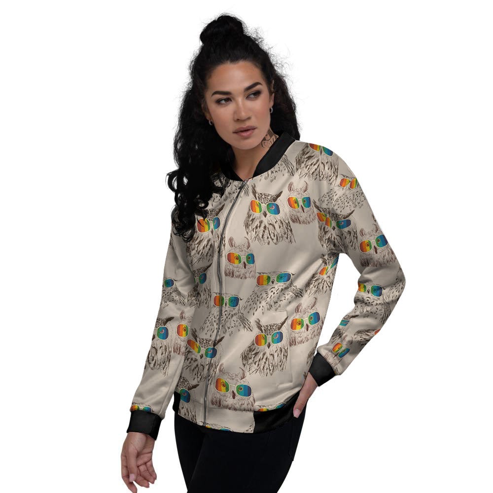 Owl Glasses Print Pattern Women's Bomber Jacket-grizzshop