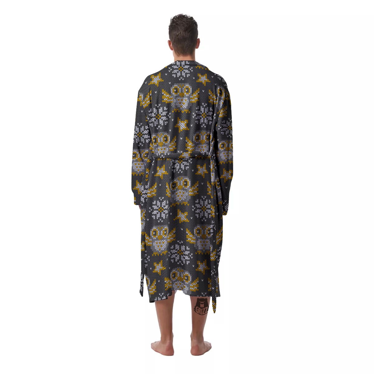 Owl Knitted Print Pattern Men's Robe-grizzshop