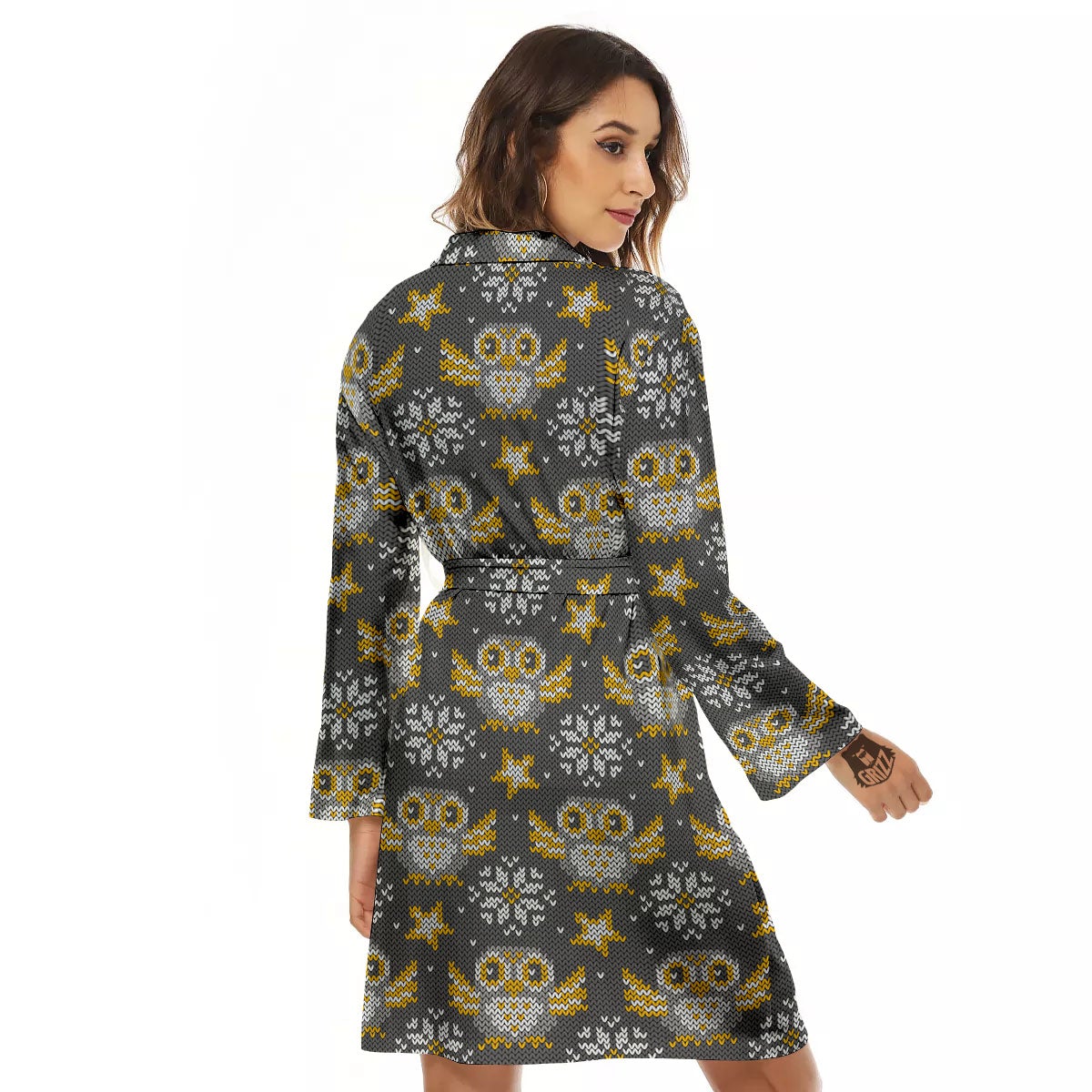 Owl Knitted Print Pattern Women's Robe-grizzshop