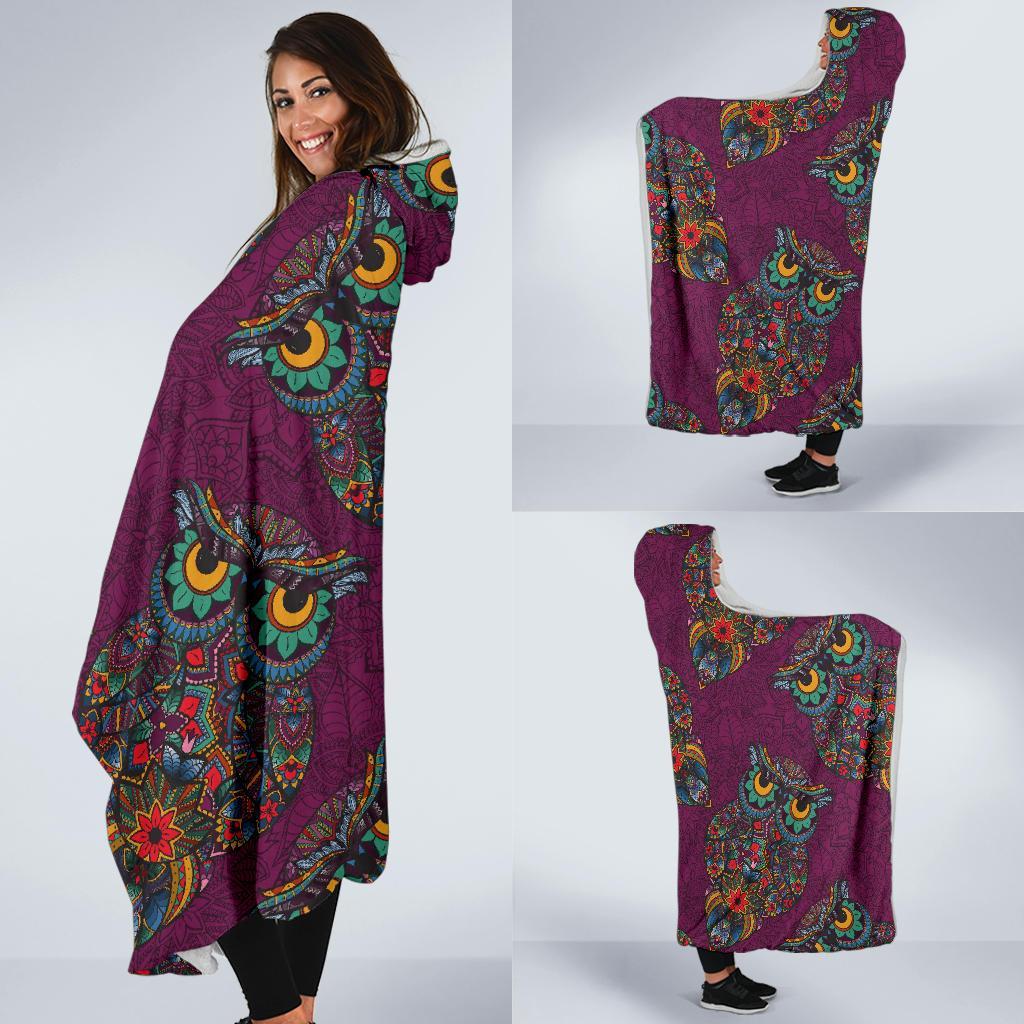Owl Ornamental Print Pattern Hooded Blanket-grizzshop