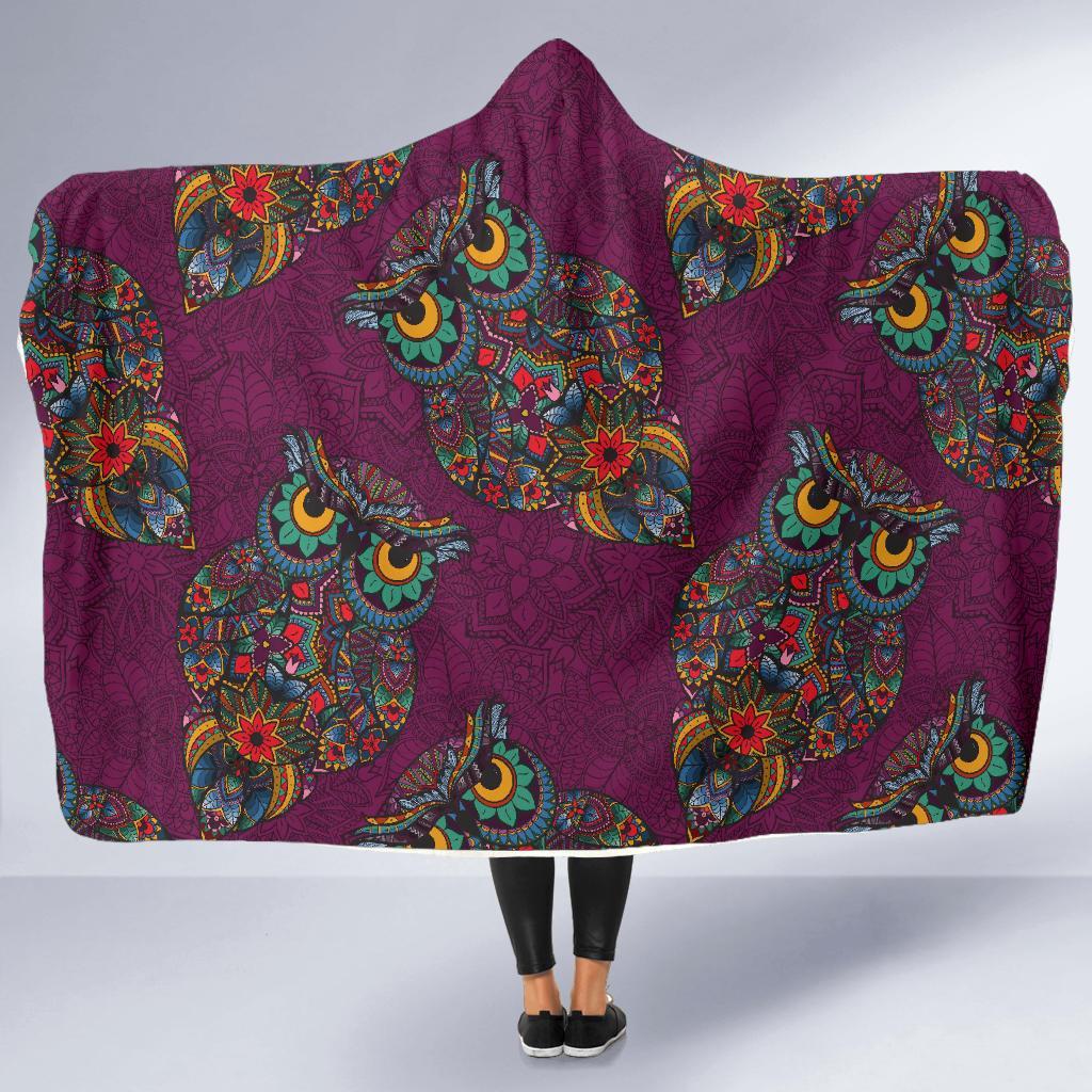 Owl Ornamental Print Pattern Hooded Blanket-grizzshop