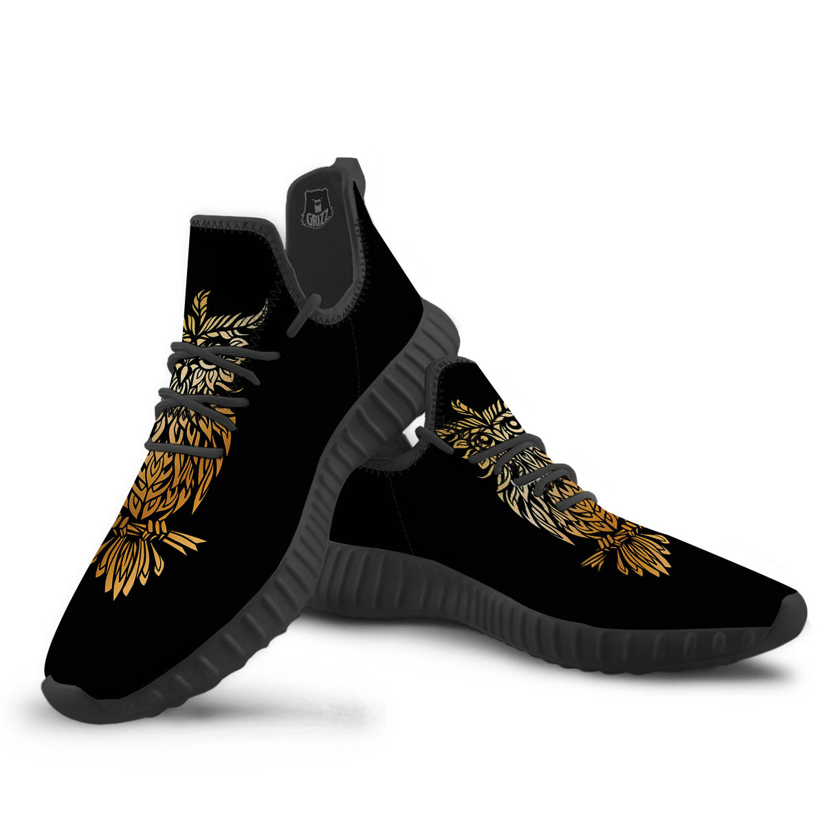 Owl Spiritual Golden Print Black Walking Shoes-grizzshop