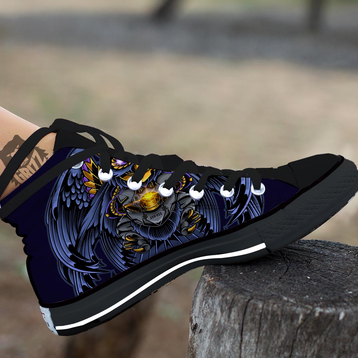 Owl Steampunk Print Black High Top Shoes-grizzshop