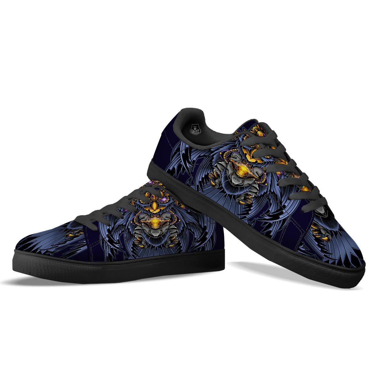Owl Steampunk Print Black Low Top Sneakers-grizzshop