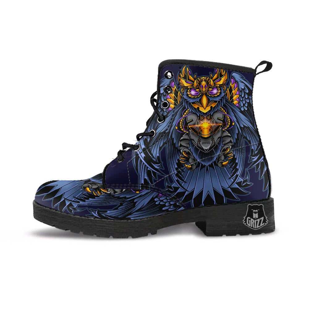 Owl Steampunk Print Leather Boots-grizzshop
