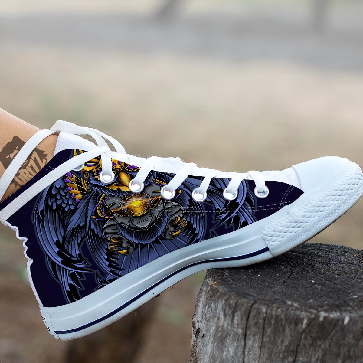 Owl Steampunk Print White High Top Shoes-grizzshop