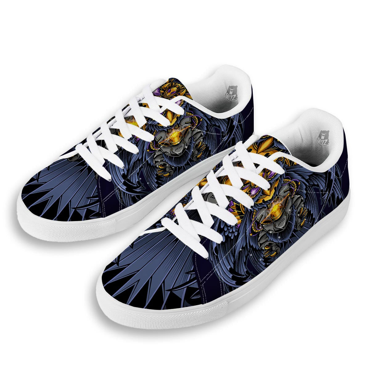 Owl Steampunk Print White Low Top Sneakers-grizzshop