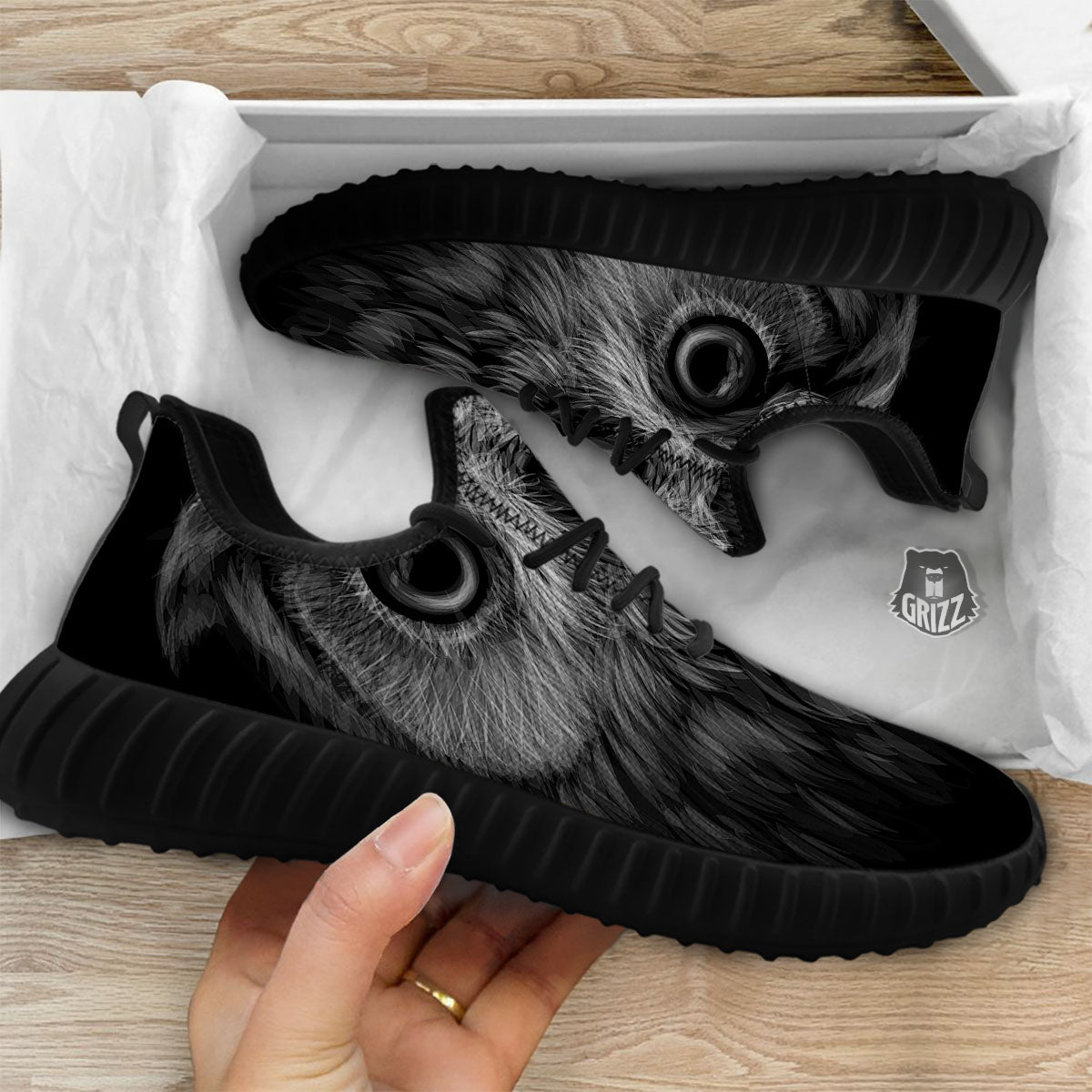 Owl White And Black Print Black Walking Shoes-grizzshop