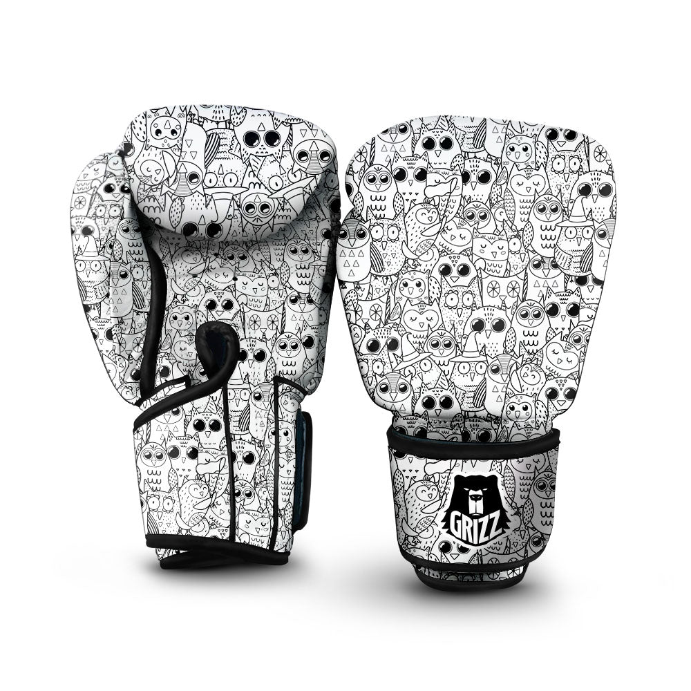 Owl White And Black Print Pattern Boxing Gloves-grizzshop