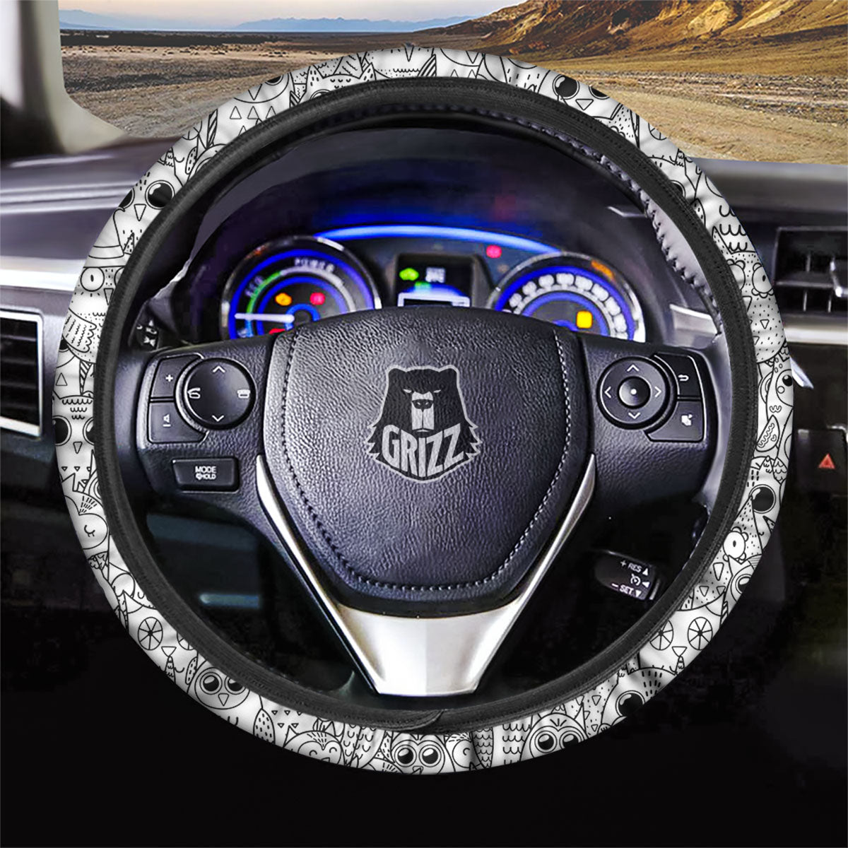 Owl White And Black Print Pattern Car Steering Wheel Cover-grizzshop
