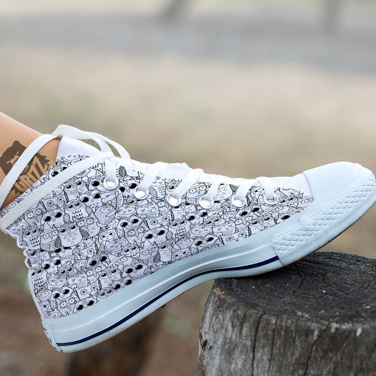 Owl White And Black Print Pattern White High Top Shoes-grizzshop