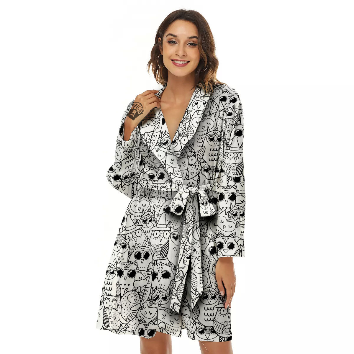 Owl White And Black Print Pattern Women's Robe-grizzshop