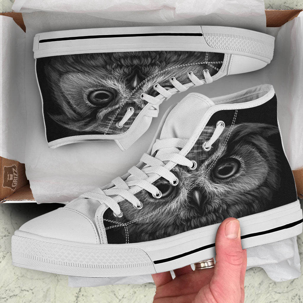 Owl White And Black Print White High Top Shoes-grizzshop