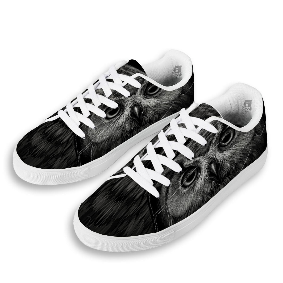 Owl White And Black Print White Low Top Sneakers-grizzshop