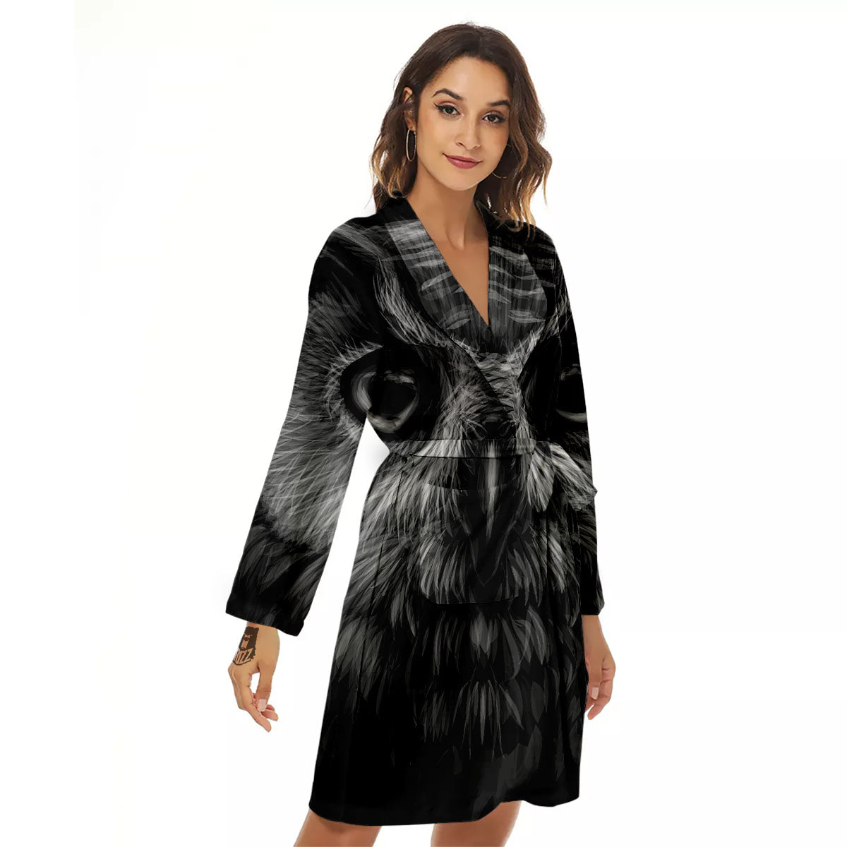 Owl White And Black Print Women's Robe-grizzshop