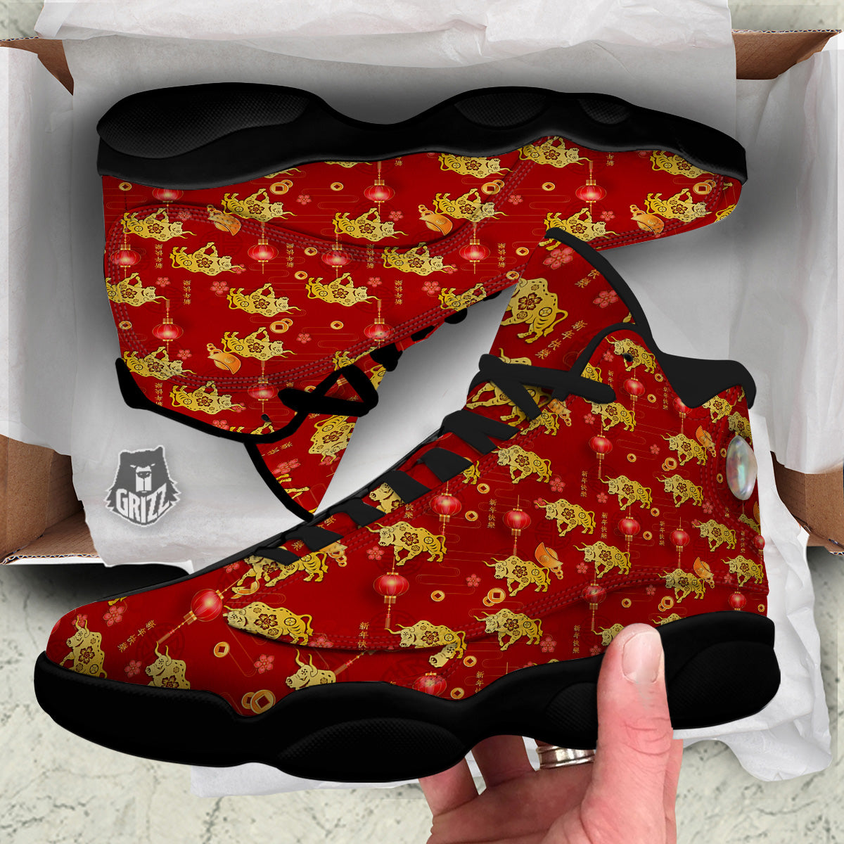 Ox And Chinese New Year Print Pattern Black Basketball Shoes-grizzshop